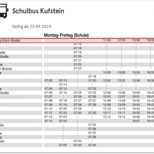 Fahrplan Schulbus Kufstein ab 23.09.24 von Schule