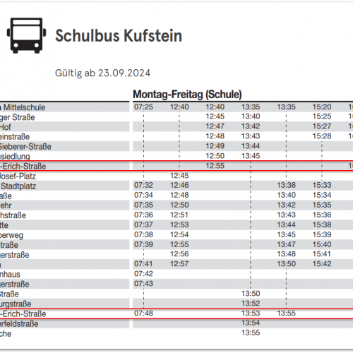 Fahrplan Schulbus Kufstein ab 23.09.24 HS