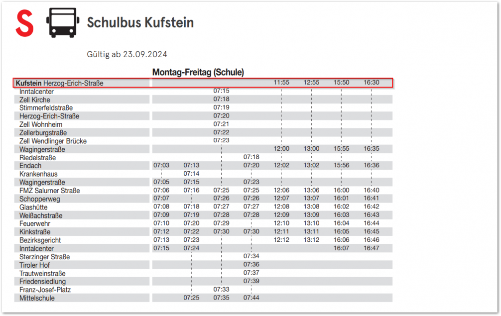 Fahrplan Schulbus Kufstein ab 23.09.24 von Schule