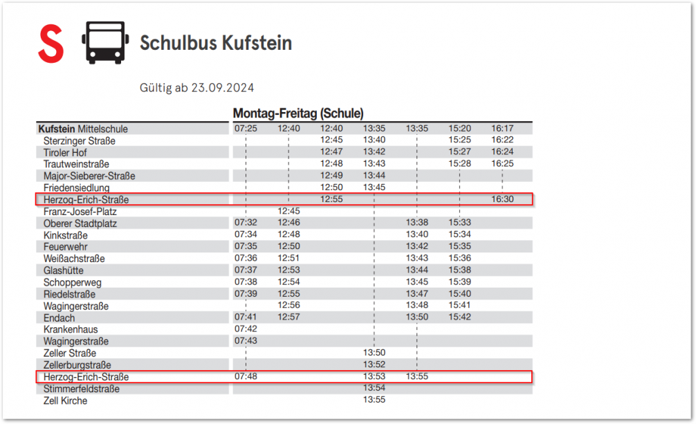 Fahrplan Schulbus Kufstein ab 23.09.24 HS